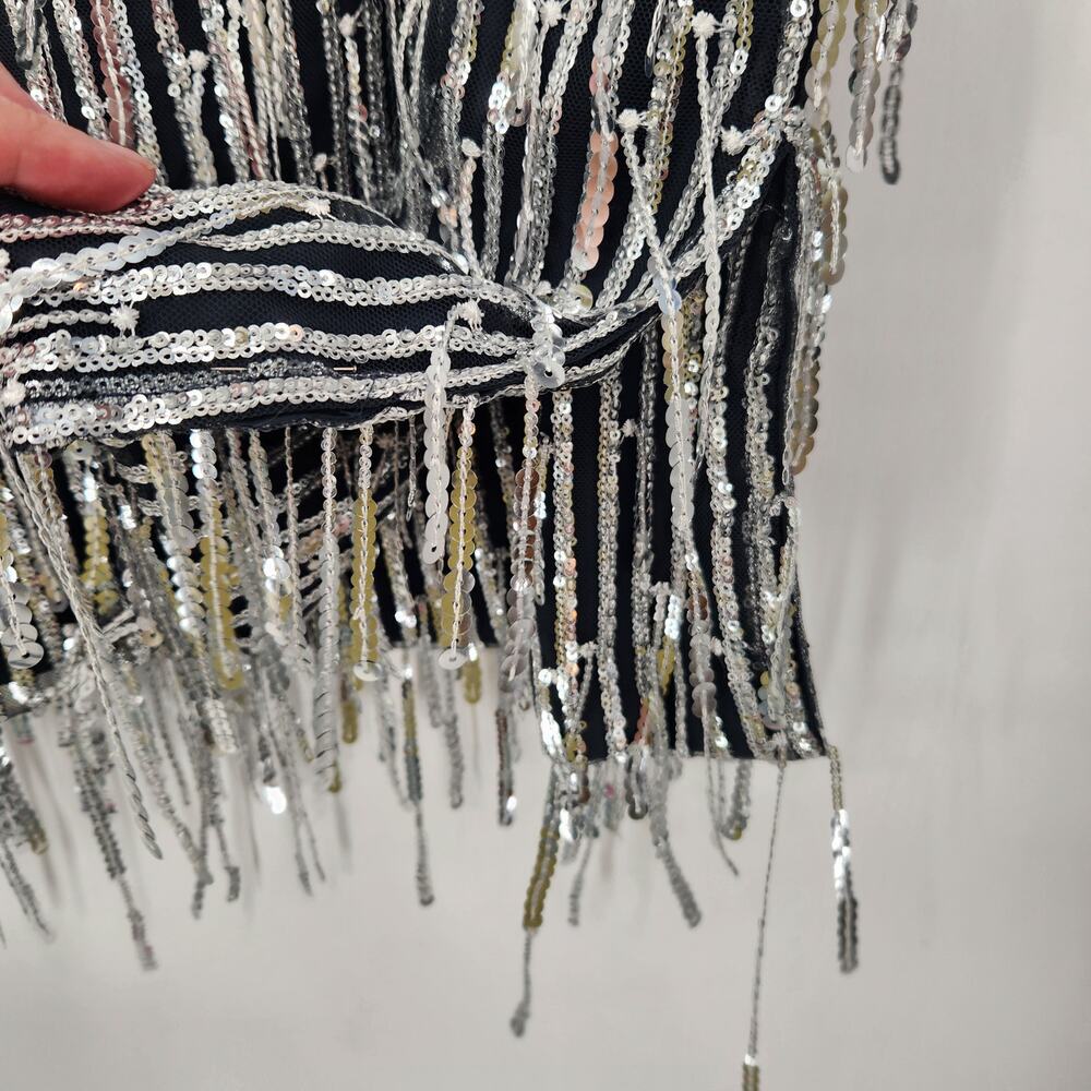 Anthropologie Maeve Fringe Sequin Navy & Silver Flapper Midi Skirt Women's 14 - Picture 8 of 9